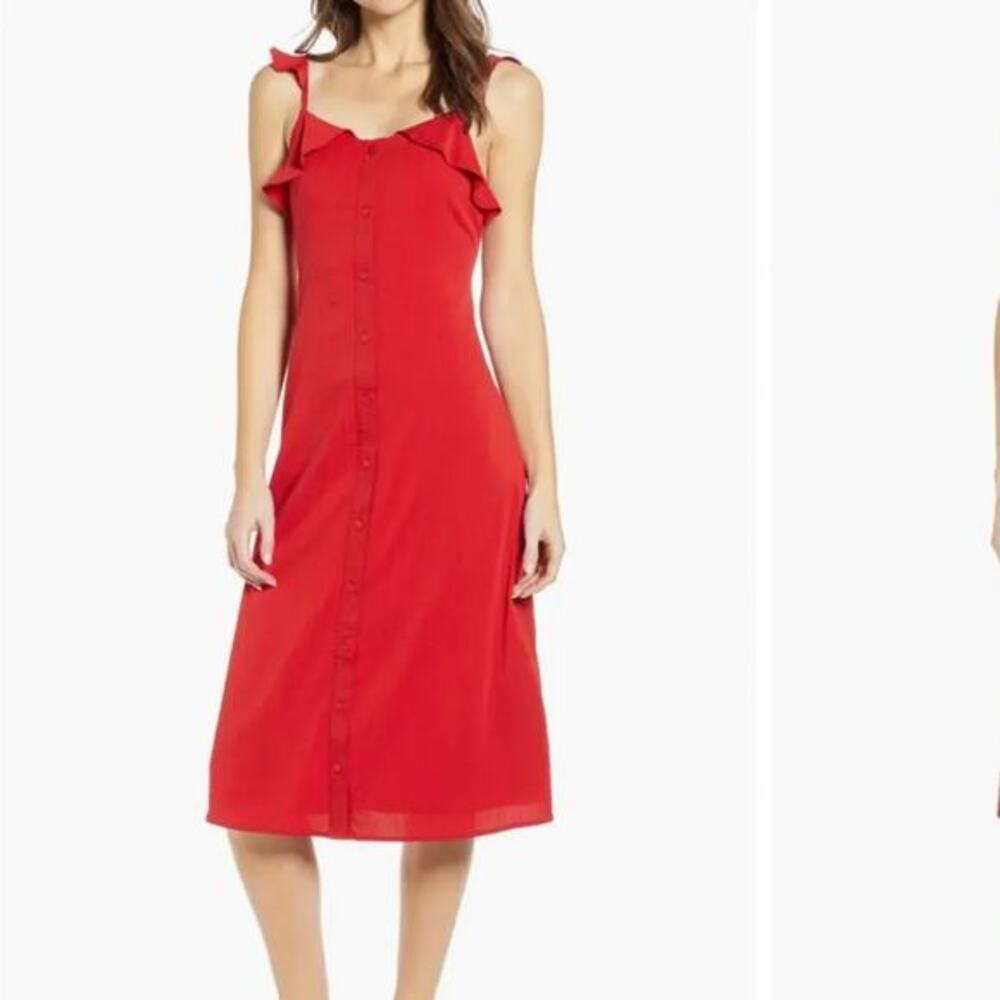 LIRA Red Ruffle Strap Button Front Midi Dress NWOT Lined A-Line Summer Sundress